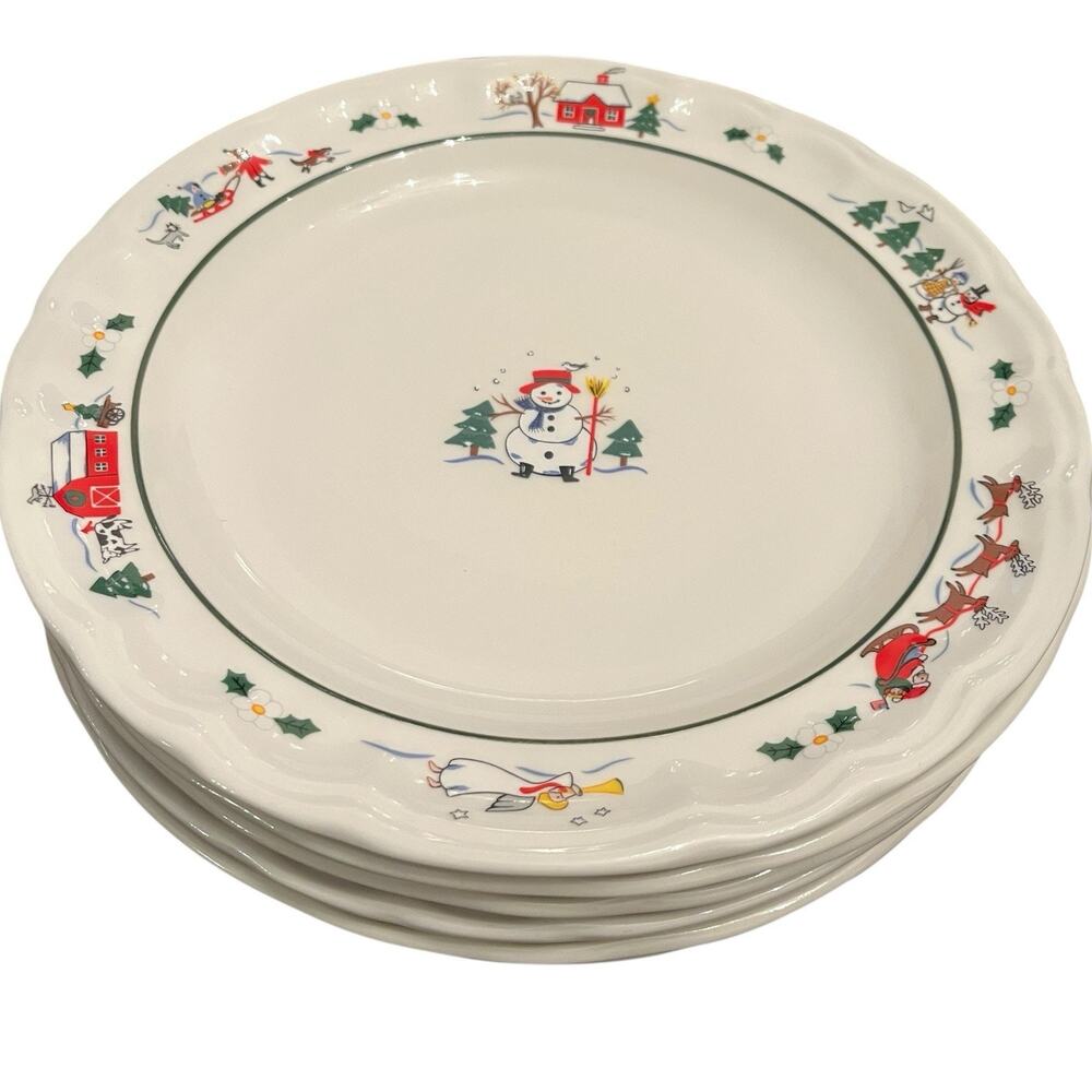 Pfaltzgraff Snow Village 11" Dinner Plates Christmas Snowman Santa Set of 6